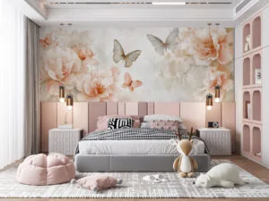 Elegant floral design with butterflies in soft watercolor style.