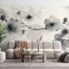 Elegant floral ink wash painting in black and gray with white background