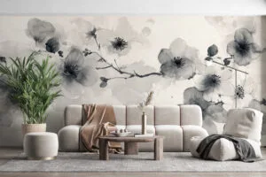 Elegant floral ink wash painting in black and gray with white background