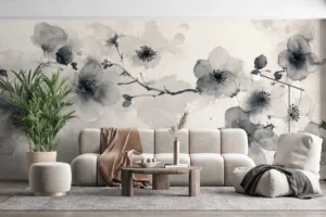 Elegant floral ink wash painting in black and gray with white background||