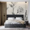 Delicate floral pattern featuring roses in black on a light cream background.