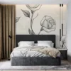 Delicate floral pattern featuring roses in black on a light cream background.||