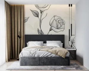 Delicate floral pattern featuring roses in black on a light cream background.