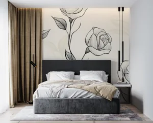 Delicate floral pattern featuring roses in black on a light cream background.||