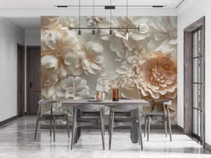 Three-dimensional arrangement of delicate fabric flowers in soft pastel colors