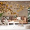 Decorative arrangement of ginkgo leaves on textured background||