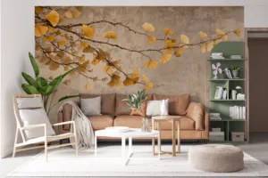 Decorative arrangement of ginkgo leaves on textured background||