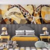 Stylized representation of giraffes in warm abstract landscape