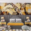 Stylized representation of giraffes in warm abstract landscape||