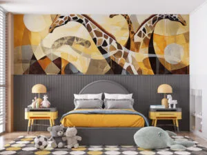 Stylized representation of giraffes in warm abstract landscape