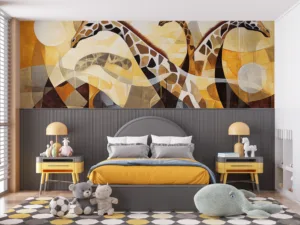Stylized representation of giraffes in warm abstract landscape||
