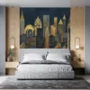 Stylized New York City skyline in Art Deco style with rich gold tones.||