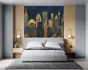 Stylized New York City skyline in Art Deco style with rich gold tones.