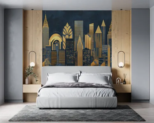 Stylized New York City skyline in Art Deco style with rich gold tones.
