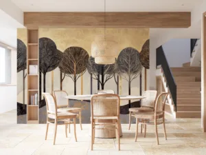 Stylized representation of trees in an abstract landscape with gold accents.||