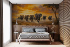 Elephants walking through a lush savannah at sunset||