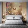 Butterflies and cherry blossoms in a serene garden setting.||