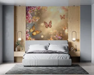 Butterflies and cherry blossoms in a serene garden setting.
