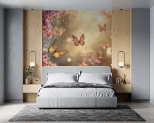 Butterflies and cherry blossoms in a serene garden setting.||