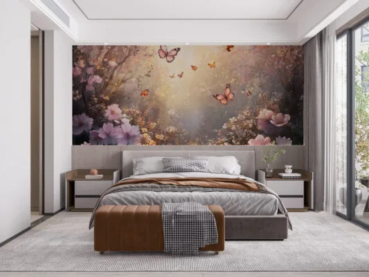 A serene garden filled with butterflies and blooming flowers