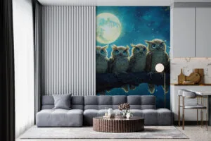 Group of owls perched on a branch under a night sky with a luminous moon.