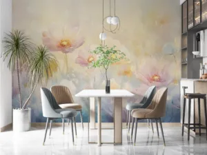 Soft watercolor painting of large pink poppies with a pastel color palette||
