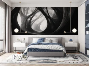Abstract forest setting with elongated tree forms in black and white.