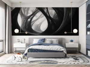 Abstract forest setting with elongated tree forms in black and white.||