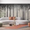 Stylized representation of a foggy forest with tall trees in monochrome colors.||