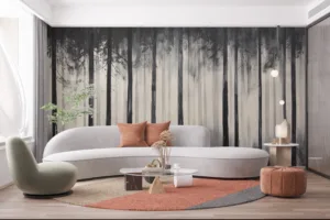 Stylized representation of a foggy forest with tall trees in monochrome colors.||