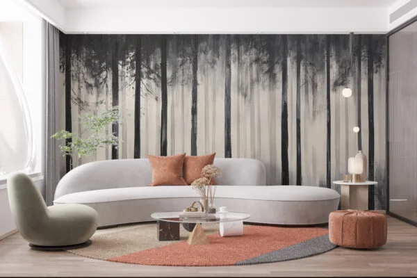 Stylized representation of a foggy forest with tall trees in monochrome colors.