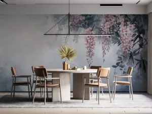 Cascading wisteria flowers in a serene|pastel environment.|