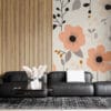 Delicate floral pattern with various flowers and leaves in soft peach