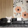 Delicate floral pattern with various flowers and leaves in soft peach|black|gray
