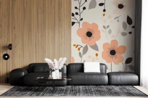 Delicate floral pattern with various flowers and leaves in soft peach|black|gray