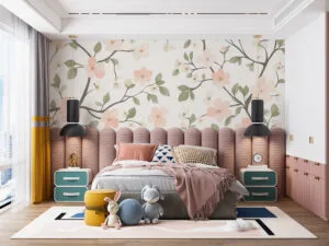 Delicate floral pattern with soft pink flowers and green leaves on a cream background.