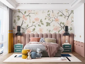 Delicate floral pattern with soft pink flowers and green leaves on a cream background.||
