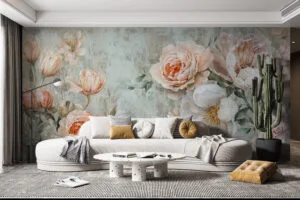 Floral design featuring peonies and tulips in soft hues.