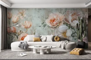 Floral design featuring peonies and tulips in soft hues.||
