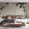 Watercolor floral design featuring various flowers and foliage||and green colors