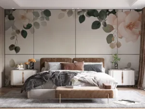Watercolor floral design featuring various flowers and foliage||and green colors