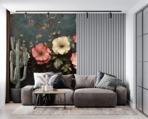 Beautifully arranged floral still-life with pink|white|and red flowers against a textured blue and brown background.