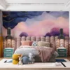 Abstract design with flowing waves in deep blues and soft pinks||