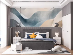 Abstract design with flowing wavy shapes in soft shades of blue and beige.||