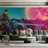 Futuristic scene of a space explorer on an alien landscape with vibrant colors.||