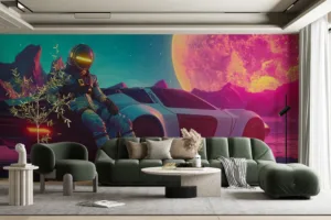 Futuristic scene of a space explorer on an alien landscape with vibrant colors.||