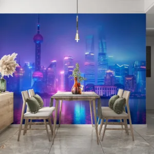 Futuristic Shanghai skyline illuminated by neon lights at night||