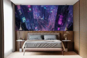 Futuristic cityscape of Tokyo illuminated by neon lights
