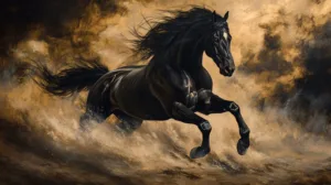 Alternative view of Galloping Black Horse in Stormy Landscape Wall Mural