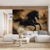 Black horse galloping through a stormy landscape||